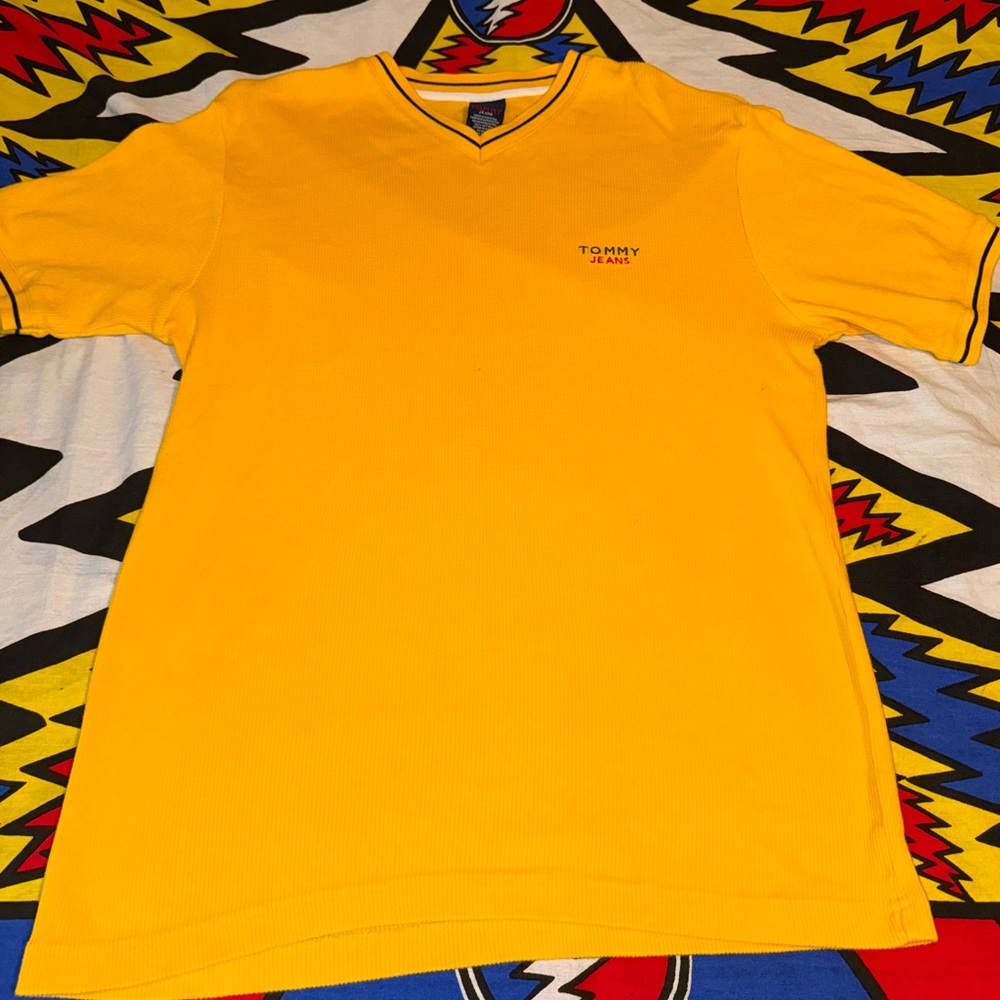 Vintage Tommy Hilfiger Tommy Jeans Yellow Knit Ribbed Short Sleeved V Neck Shirt